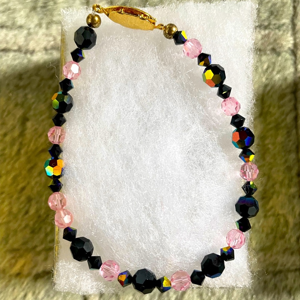 Elegant Black and Pink Crystal Beaded Bracelet.